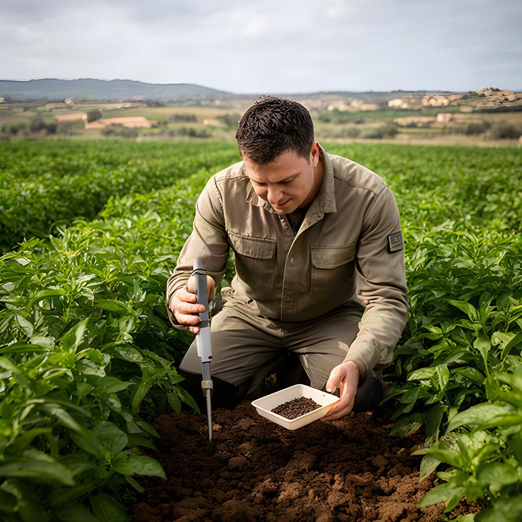 Tecnico agricolo che osserva il terreno vicino a una coltura verde con strumenti per la valutazione agronomica