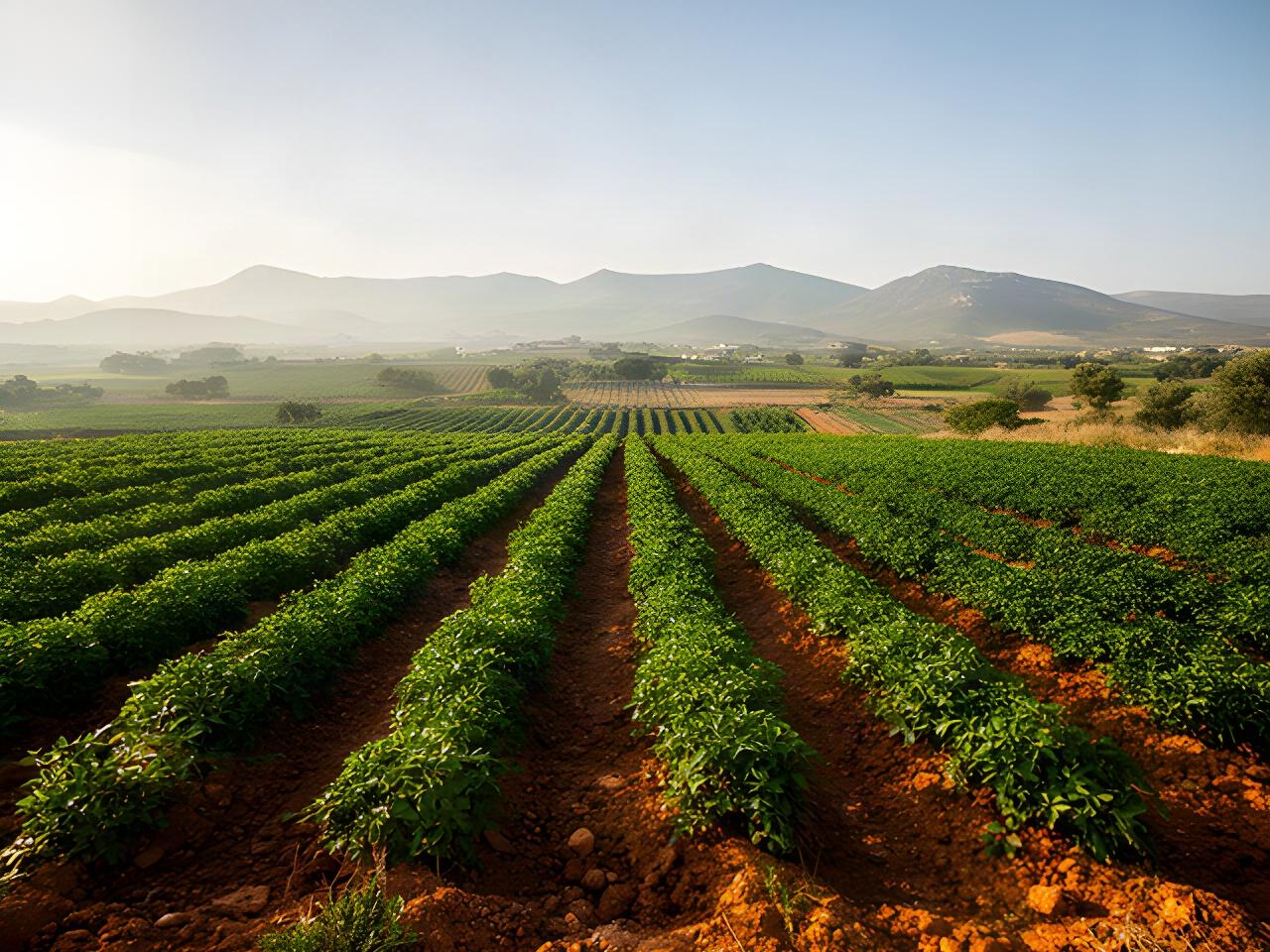 Campo agricolo sardo con filari verdi e terreno fertile illuminato dalla luce del mattino