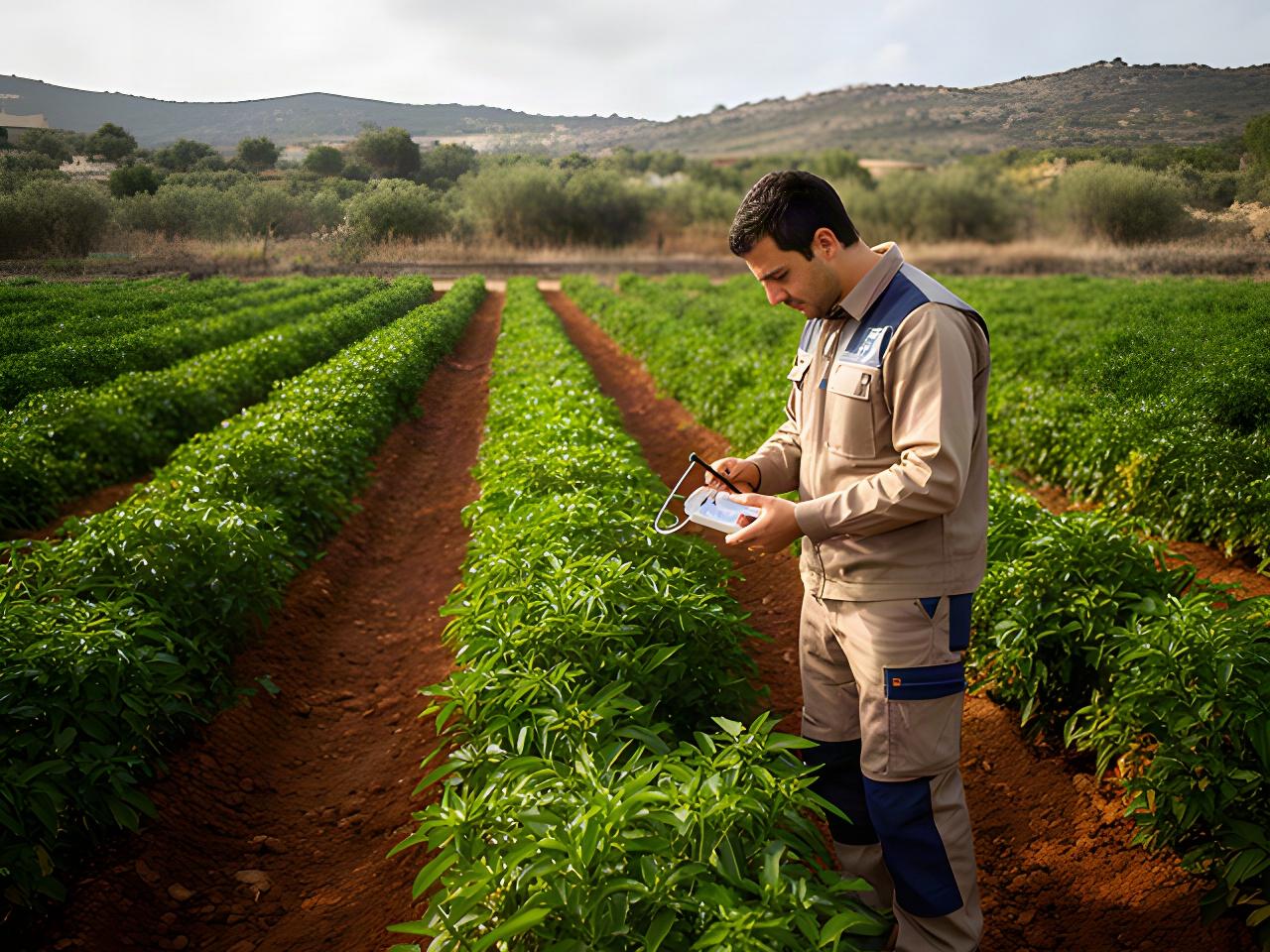 Tecnico agricolo che controlla una coltura verde vicino a file di terreno lavorato in Sardegna