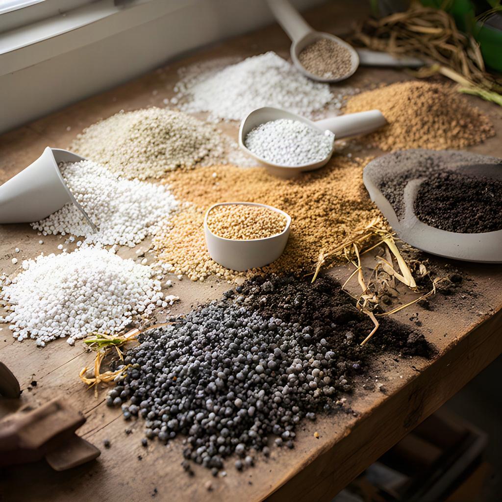 Granuli di concime minerale e prodotto organico disposti su un banco di lavoro agricolo