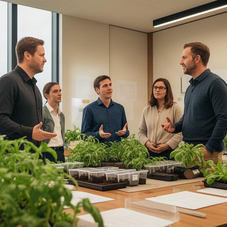 Team di agronomi riunito attorno a campioni di terreno in una sede agricola