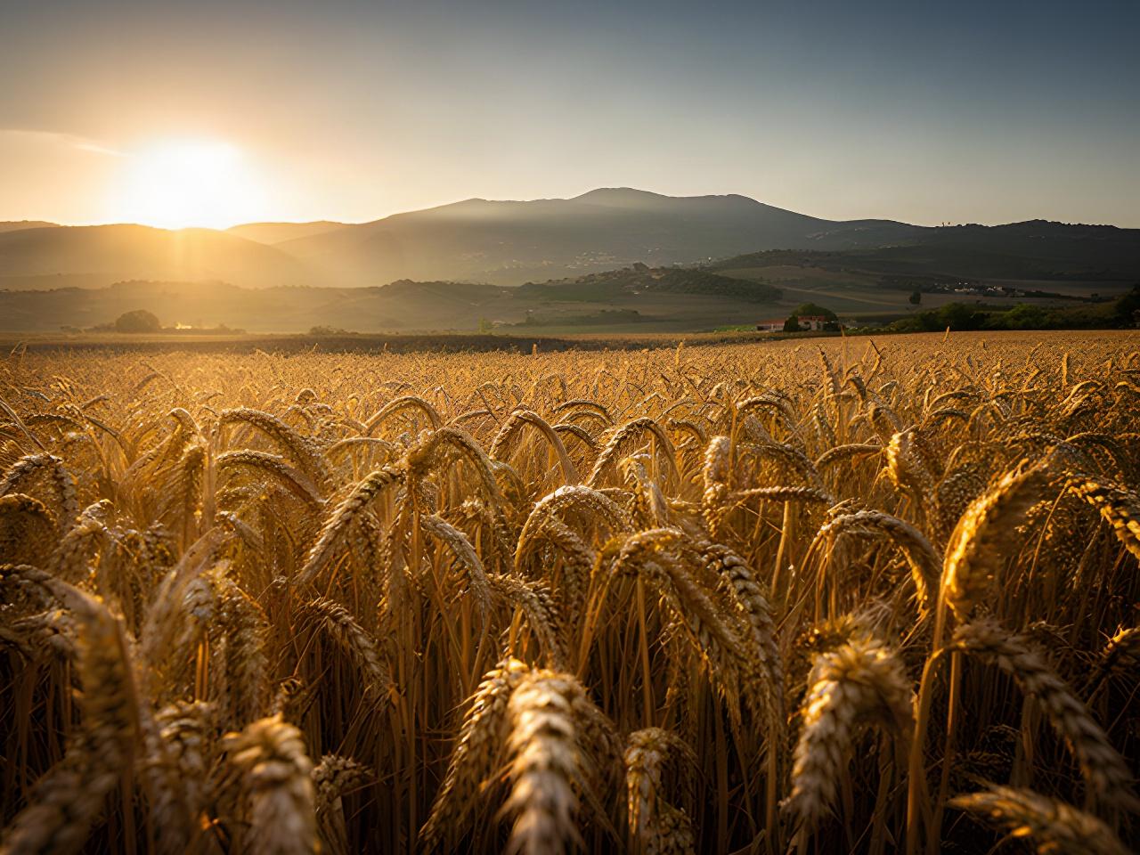 Campo di grano maturo al tramonto con luce calda sulle spighe e colline sarde sullo sfondo