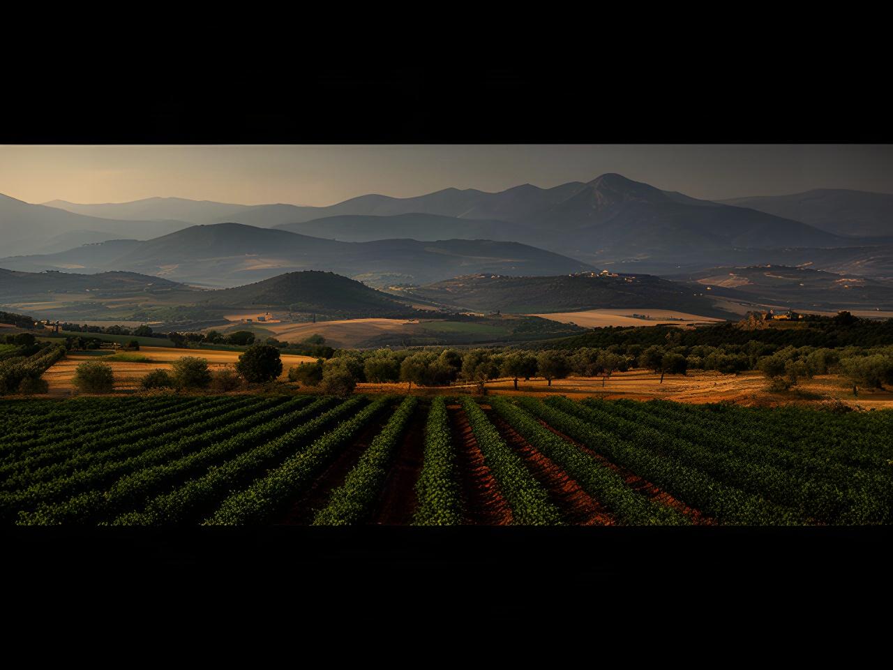 Paesaggio agricolo dell'area di Sassari con filari coltivati e rilievi della Sardegna sullo sfondo