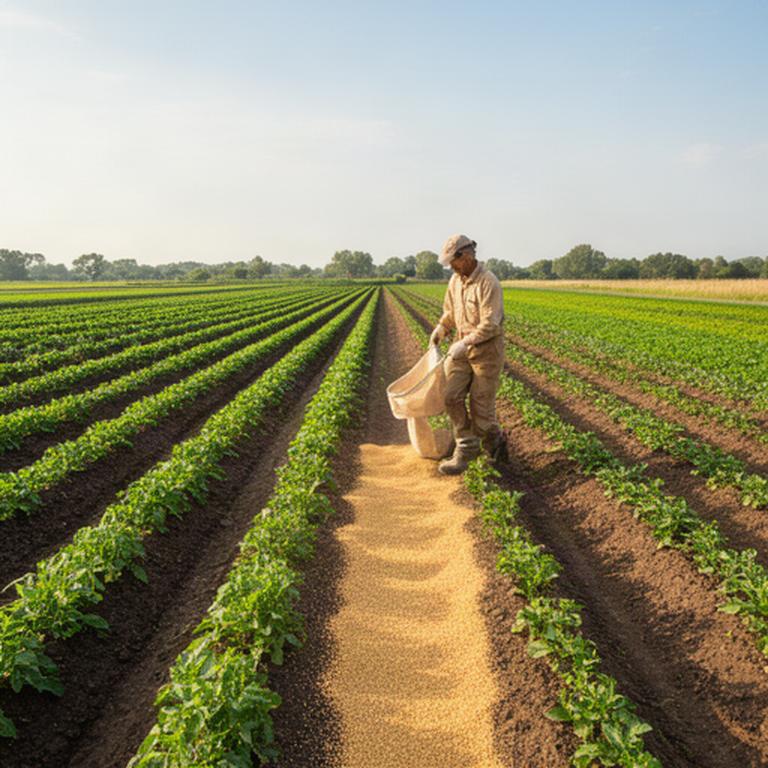 Tecnico agricolo che distribuisce fertilizzante in un terreno coltivato con filari ordinati