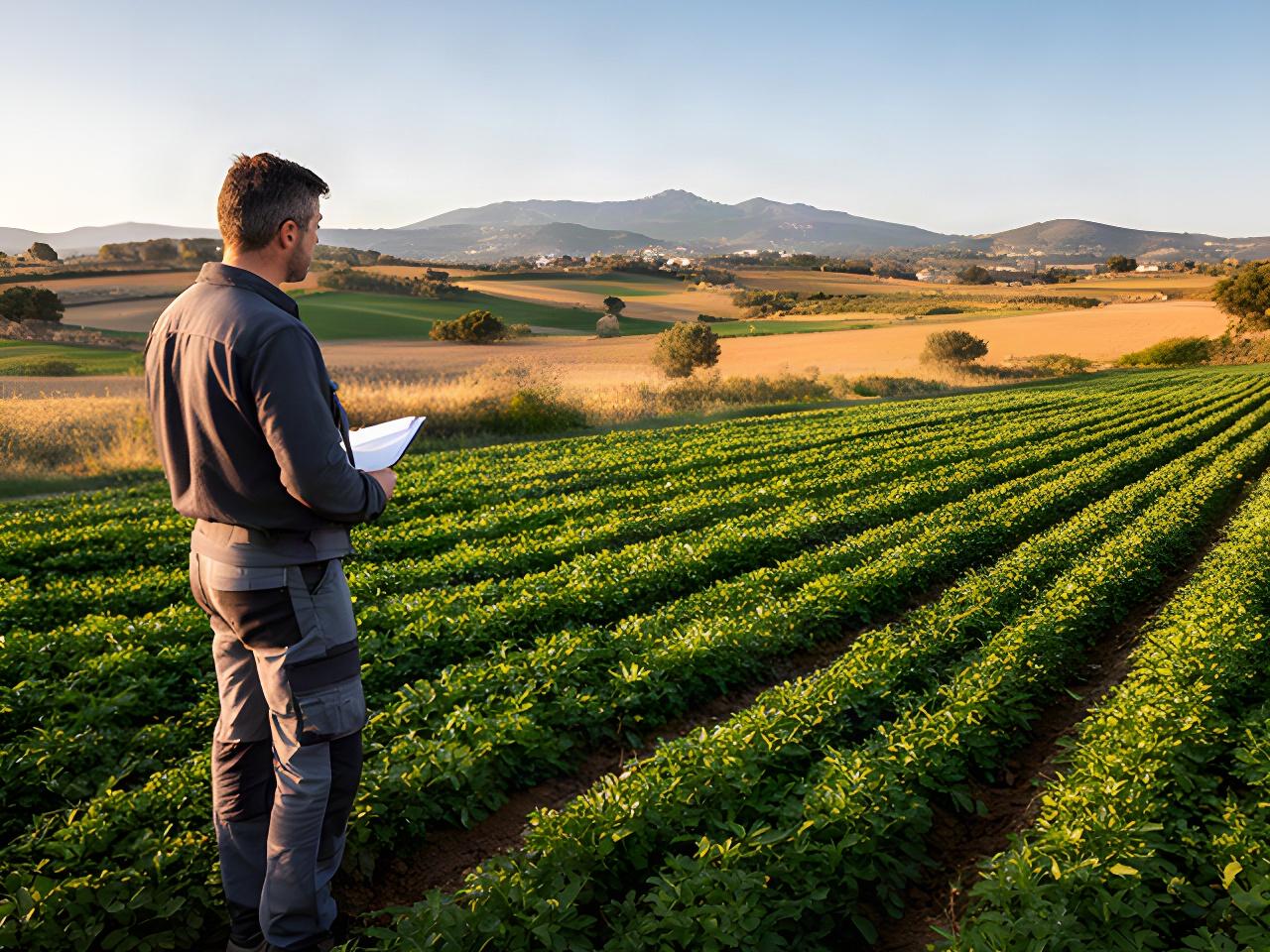 Agronomo che osserva un campo coltivato in Sardegna durante un controllo della vegetazione