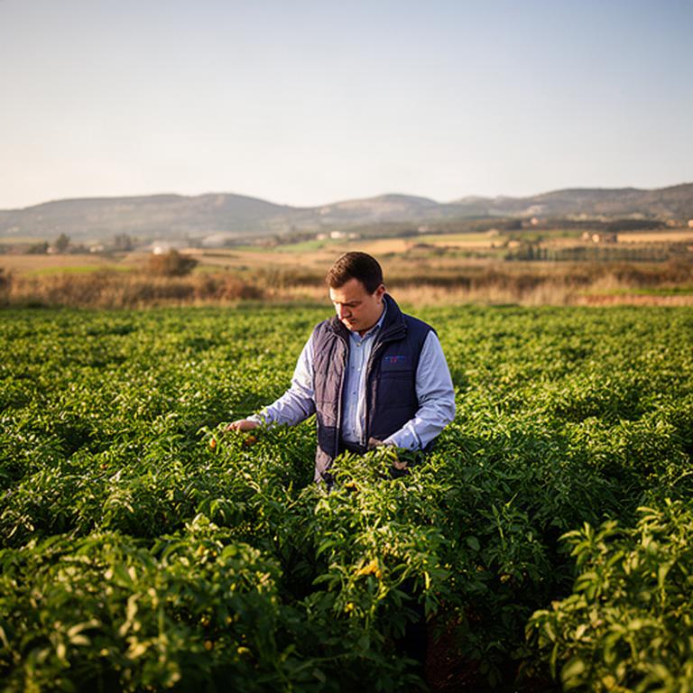 Agronomo di G.S. Soluzioni mentre osserva una coltura nei campi vicino a Sassari